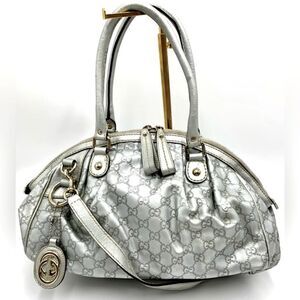 Auth Gucci Silver Gray Metallic Guccisima Leather Convertible Sukey Bowler Bag